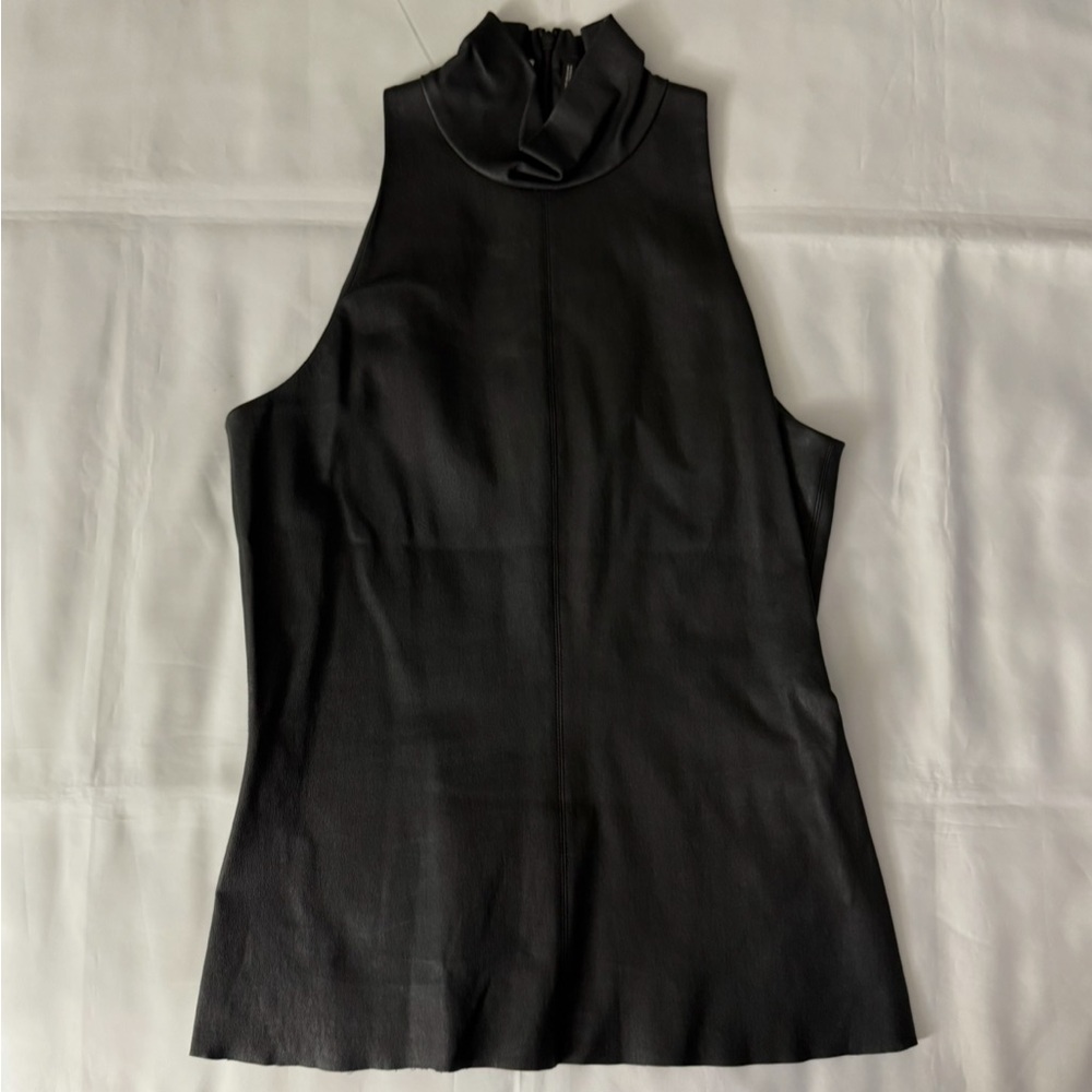 Helmut Lang Black Matte Lamb Leather Mock Neck Sleeveless Top